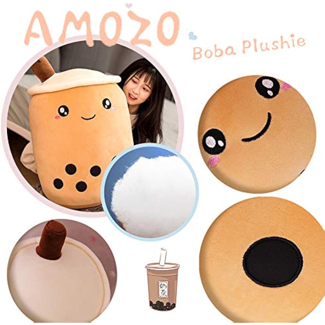 AMOZO Cute Cartoon Boba Milk Tea Soft Plush Doll, Giant Boba Bubble Plushie Stuffed Tea Cup Pillow Gift Toys(Coffee,24cm)