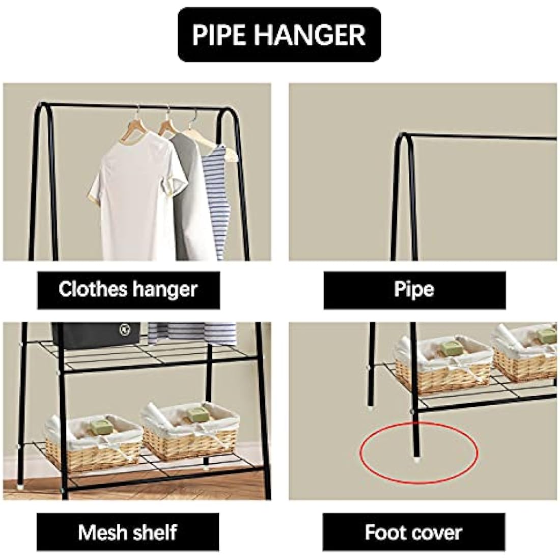 HOFLERA Clothes Rail Stand Garment Coat Rack with Metal Shelf, Frame for Bedroom, Saving Space Clothes Rail,1.5m(Black)