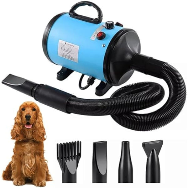Dog Hair Dryer, 2800W Dog Blaster Dryer, Pet Grooming Hair Dryer, Stepless Speed Pet Dryer Blower with 4 Different Nozzles and Extendable Hose, Low Noise Professional Pet Hair Dryer for Dogs (Blue)