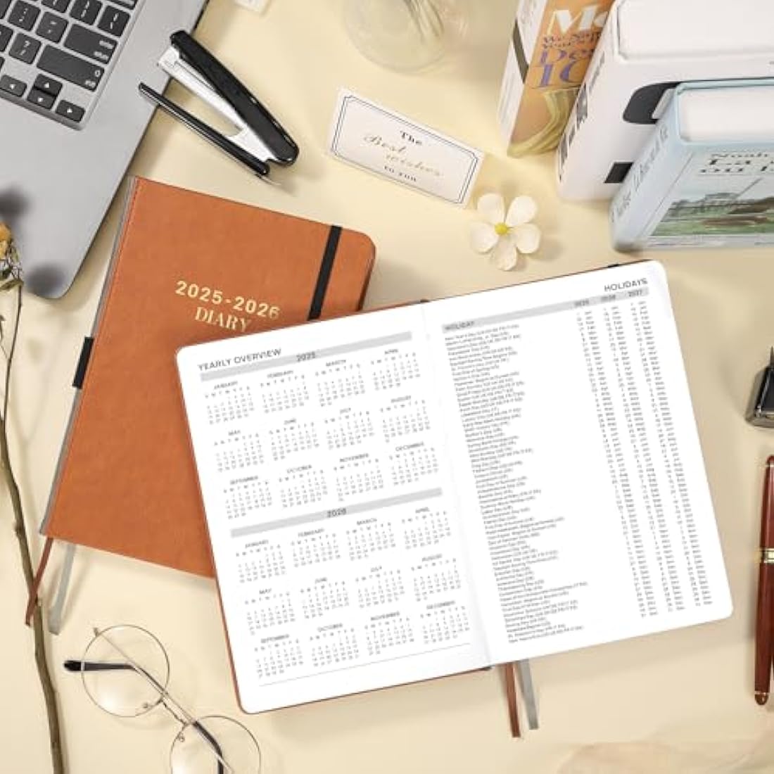 Academic Diary 2025-2026 - A5 diary 2025-2026 day per page from Jul. 2025 to Jun. 2025, Productivity planner 2025-2026 with Monthly Tabs, 14.8cm × 21.4cm - Brown