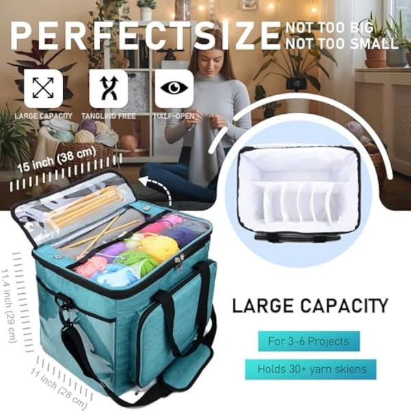 Hoshin Knitting Bag for Yarn Storage, Portable Crochet Tote Bag Yarn Organizer for Crochet Patterns and Hooks, Needles, Skeins of Yarn-Enjoy Knitting/Crocheting Anywhere(Green)