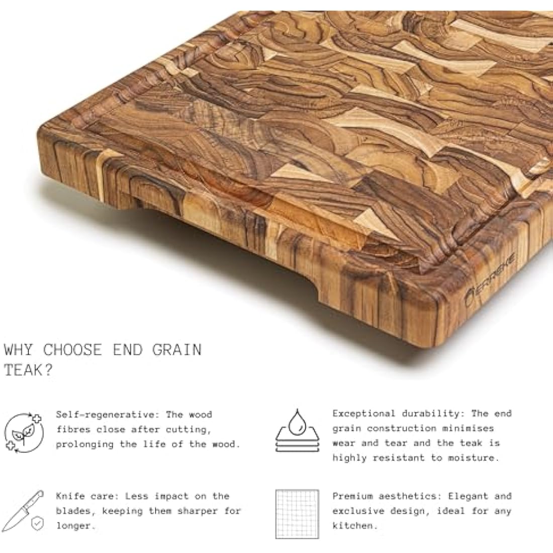 Erreke Wooden Chopping Boards, End Grain Large Teak Wood Chopping Board, Ideal for Kitchen or Barbecue, Serve or Chop Food Meat Cheese Bread, 44 x 29.5 x 3.2 cm (with Juice Groove)