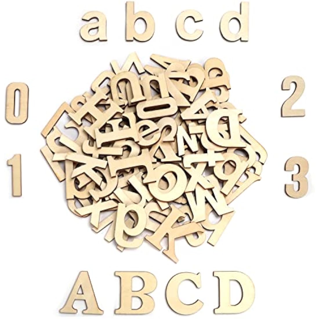 HANDI STITCH 124 Pieces Unfinished Wooden Letters & Numbers - 52 Capital & 52 Lowercase (A-Z) Alphabet Letters - 20 (0-9) Numbers - DIY Wood Pieces for Learning, Decor & Crafts