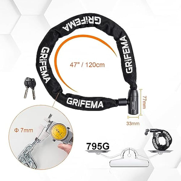 GRIFEMA GA1201-12 Bike Locks High Security with 2 Keys, Bike Chain Lock Heavy Duty, 120cm Bicycle/Cycling Locks for Bike Cycle, Moto, Door, Gate Fence, Black/White