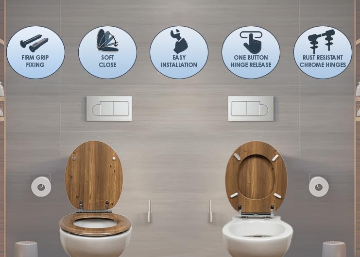 AQUALONA® Luxury Soft Close Toilet Seat - Moulded Wood - Stainless Steel Slow Close Hinges - Click, Lift & Clean Technology (Bamboo Toilet Seat)