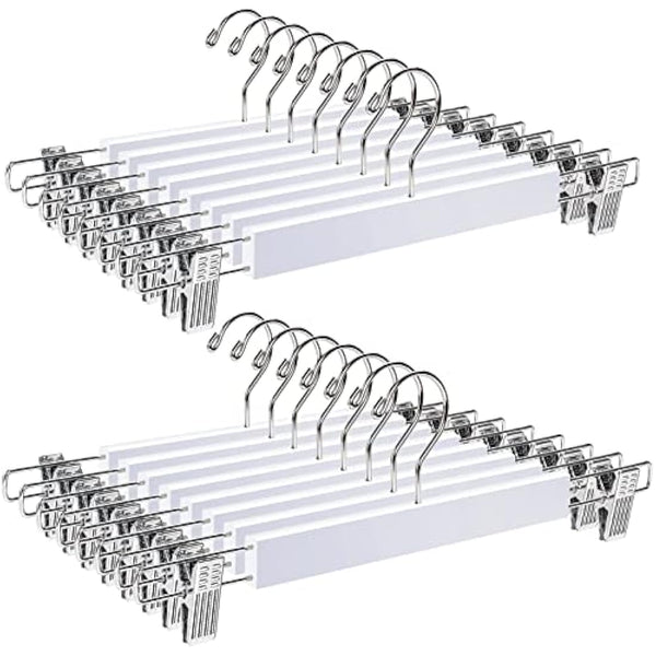 Amber Home 36cm White Wooden Pants Hangers 20pcs, Smooth Wood Skirt Hanger Organizer with Adjustable Anti-Slip Chrome Clips, Space Saving Solid Clothes Hangers Rack for Bottoms Jeans Slacks Trousers