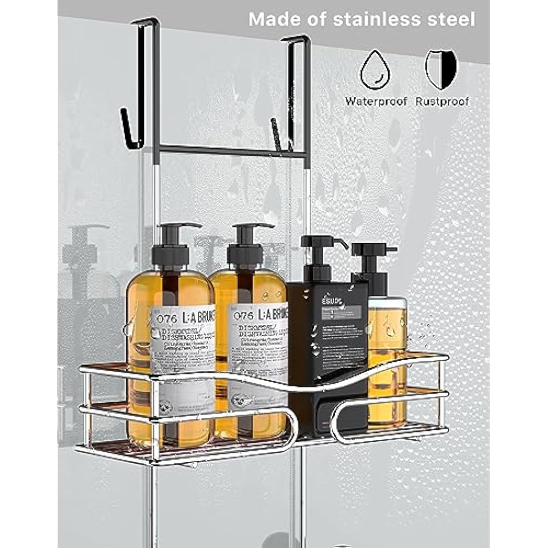 Cooeco Over Door Shower Caddy 2-Tier Bathroom Shelf with Soap Holder and Hooks, Stainless Steel Storage Organizer, Rust Proof, Silver