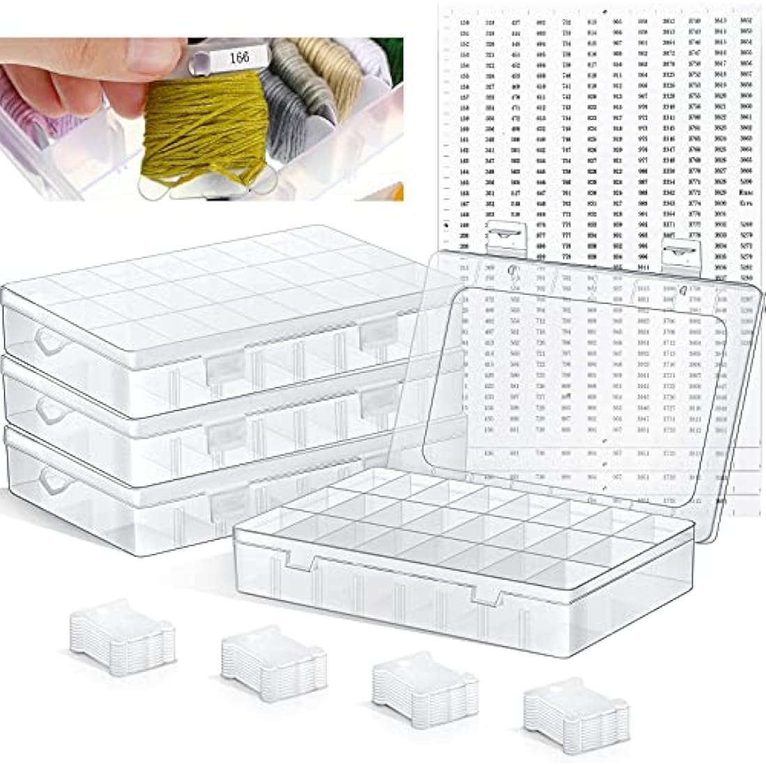 Queekay Embroidery Floss Organizer Box Set, Includes Compartments Cross Stitch Organizer Box, Plastic Floss Bobbins and 1790 Number Stickers for Thread Sewing, 4 Sets