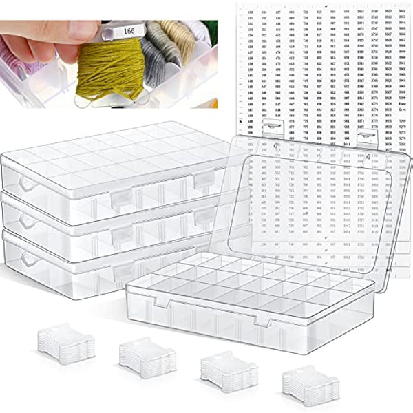 Queekay Embroidery Floss Organizer Box Set, Includes Compartments Cross Stitch Organizer Box, Plastic Floss Bobbins and 1790 Number Stickers for Thread Sewing, 4 Sets