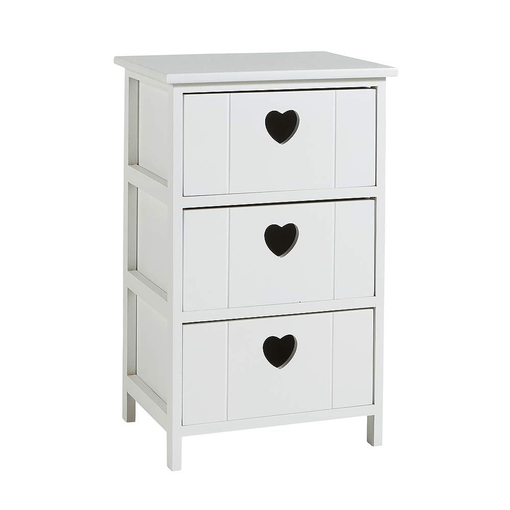 Home Source Bedside Chest of Drawers, Wooden Storage Unit Bedroom Organiser, Love Heart Design, 3 Drawer, White
