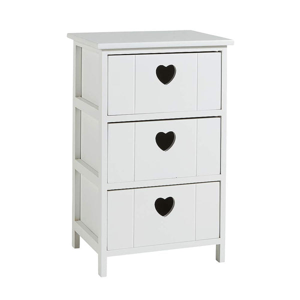 Home Source Bedside Chest of Drawers, Wooden Storage Unit Bedroom Organiser, Love Heart Design, 3 Drawer, White