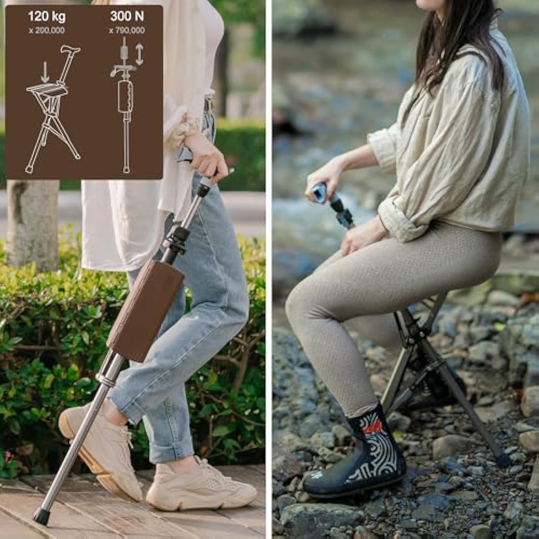 Ta-Da Chair PRO - Walking Stick with Seat, Ultra-Light Aluminium Frame & Sturdy Foldable Stool (up to 120kg), Collapsable Folding Design, Ideal for Travel & Sightseeing - Brown, Adjustable
