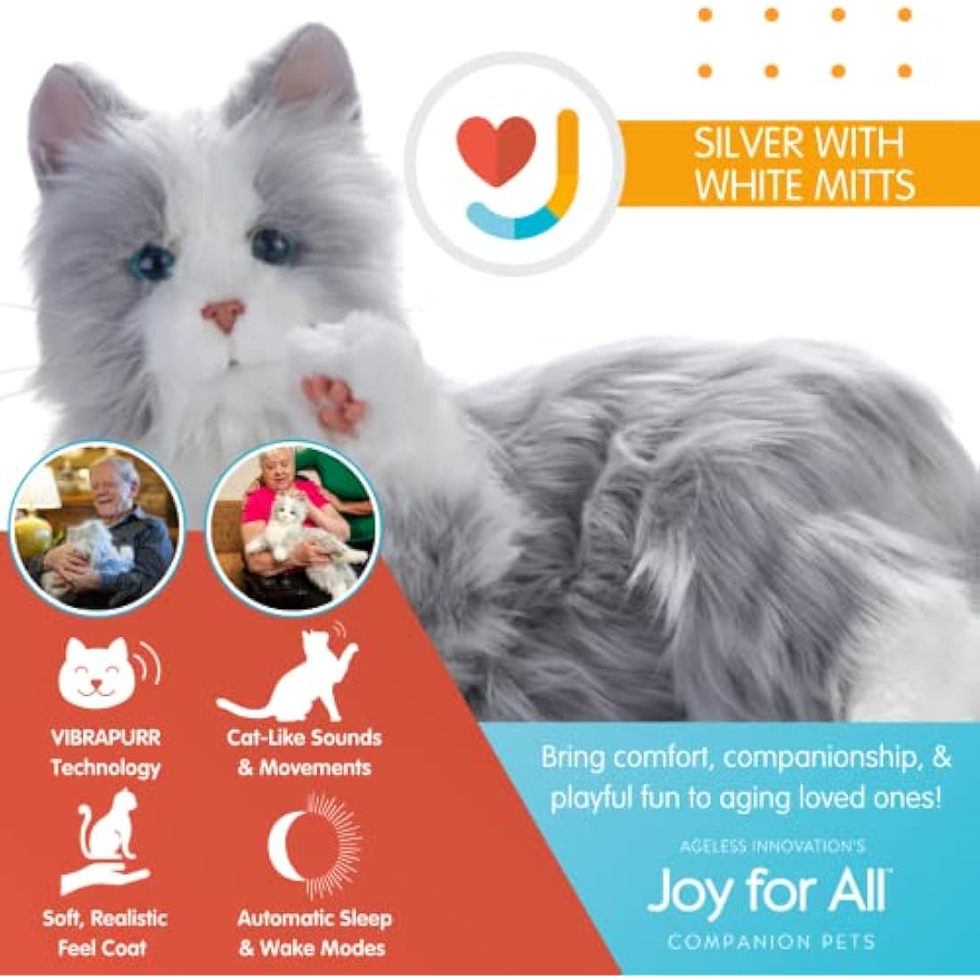 Ageless Innovation Joy For All Interactive Pet Cat - Lifelike & Realistic Companion with Soft Fur and Soothing Purrs, No Assembly Required - Silver With White Mitts