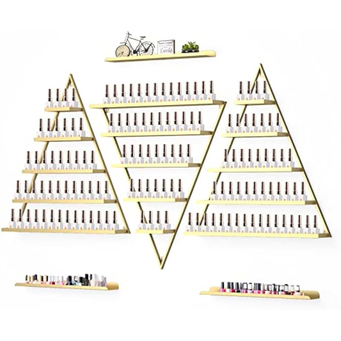 Kalolary Metal Wall-mounted Nail Polish Storage Racks 5 Tiers Gold Triangular Display Rack Cosmetic Display Cases Lipstick Perfume Wall Shelf Essential Oil Organizers for Home Spa Nail Salon Shop