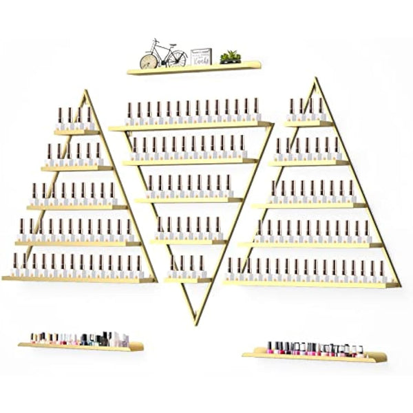 Kalolary Metal Wall-mounted Nail Polish Storage Racks 5 Tiers Gold Triangular Display Rack Cosmetic Display Cases Lipstick Perfume Wall Shelf Essential Oil Organizers for Home Spa Nail Salon Shop