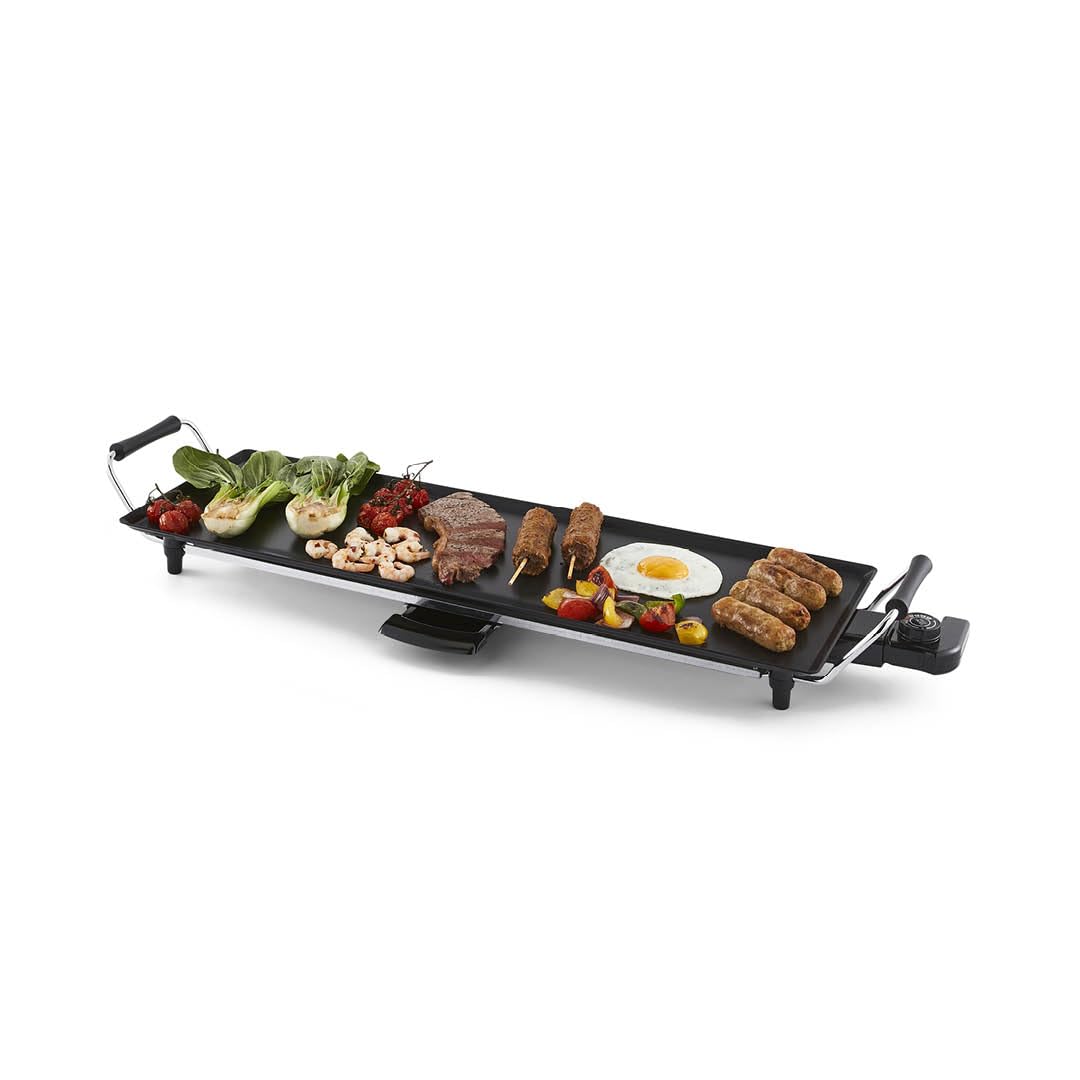 GEEPAS Teppanyaki Grill – Smokeless, Non-Stick, Adjustable Temperature - Easy-To-Clean, Removable Grease Tray, detachable cord – Indoor BBQ, Large Cooking Surface for Pancakes, Barbecue, Eggs and More