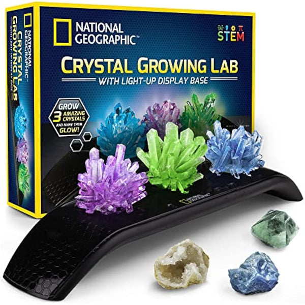 NATIONAL GEOGRAPHIC Crystal Growing Kit - 3 Vibrant Coloured Crystals to Grow with Light-Up Display Stand & Guidebook, Includes 3 Real Gemstone Specimens Including A Geode & Green Fluorite