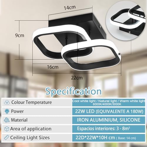 EIDISUNY Dimmable LED Ceiling Light Modern Square LED Ceiling Lamp with Remote Control, 3 Colour Temperature Adjustments, Ceiling Lighting Fixture for Kitchen Bedrooms Hallway Office - 22W Black.