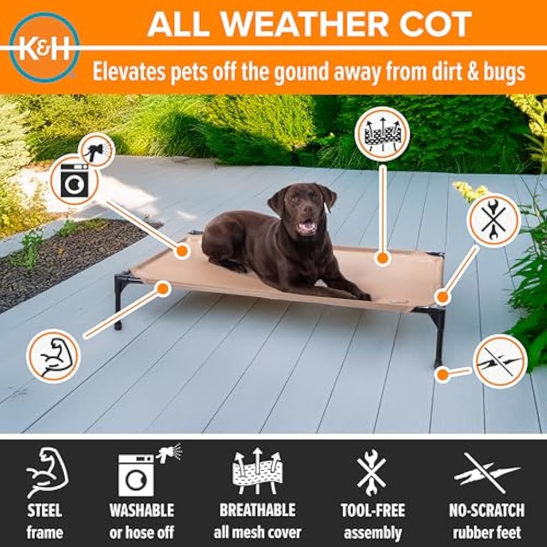 K&H Pet Products Original Pet Cot Elevated Pet Bed All Season Tan Mesh Large 30 X 42 X 7 Inches