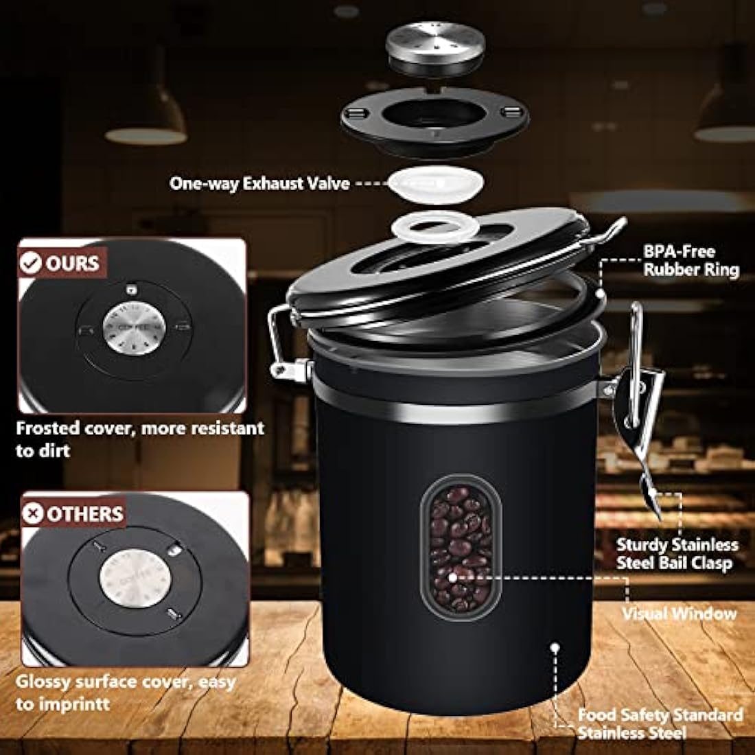 2800ML Airtight Coffee Canister with Date Tracker and Transparent Window, 35OZ Coffe Beans Storage with 30ML Measure Spoon&4 co2 Valve, Coffee Container for Grounds Coffee, Beans, Tea, Sugar, Flour