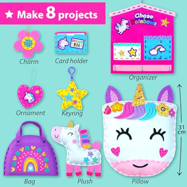 KRAFUN My First Unicorn Sewing Kit for Kids, Beginner Crafts with 5 DIY Projects (Stuffed Animal, Pillow, Mobile, Keyring, Bag), Plush Felt, Instructions, Embroidery Supplies, Pre-Punched Fabric