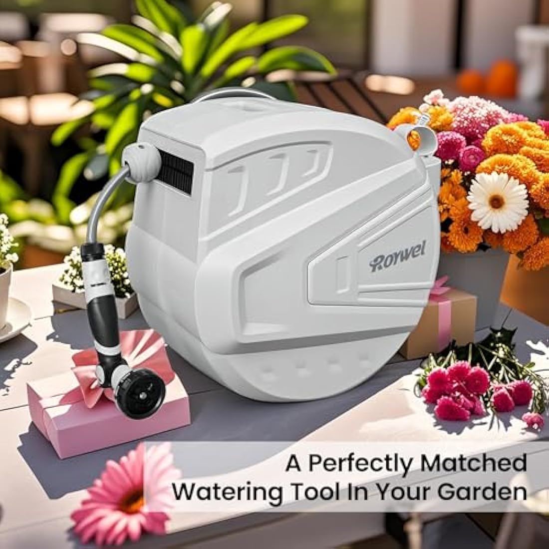 Roywel Auto Reel Garden Hose 30M，Hose Reel Wall Mounted，Auto Rewind, Self-Locking System,180° Pivotal with Multifunction Spray Nozzle