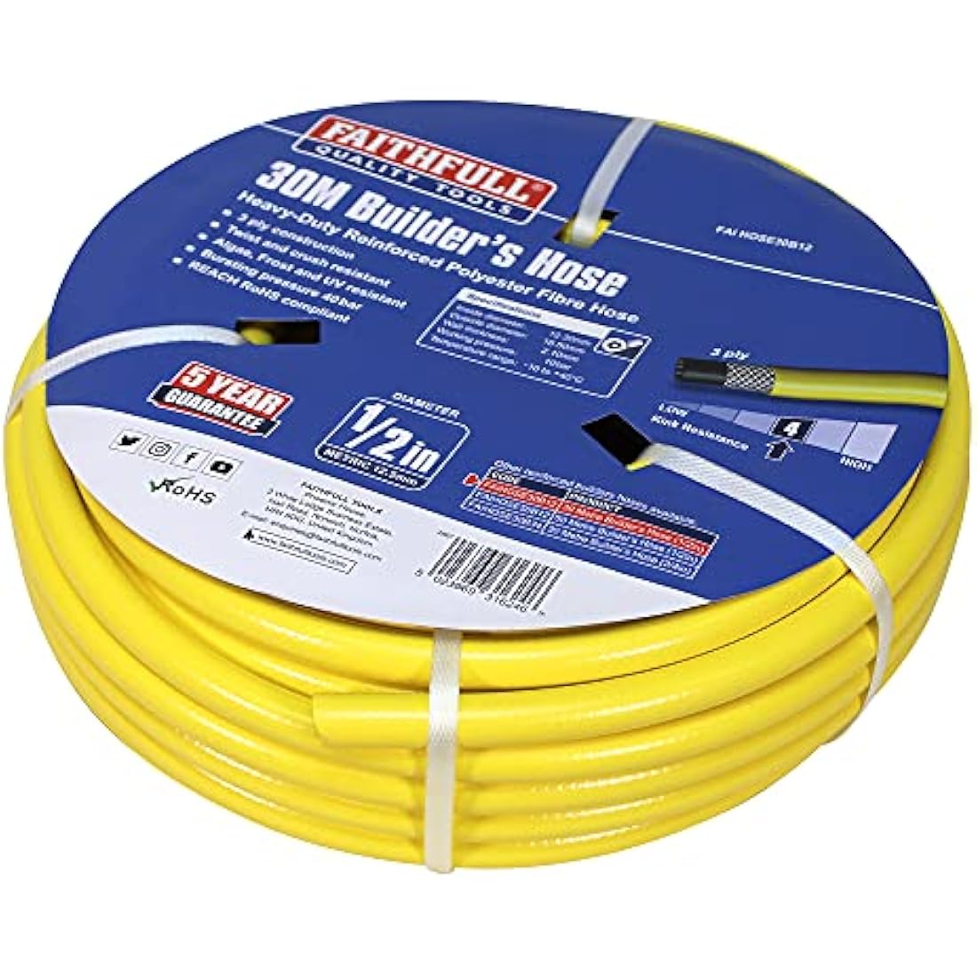 Faithfull Heavy-Duty Reinforced PVC Builders Hose 30M (98ft) 12.5mm (1/2in) Diameter – 24 Braid Fibre Mesh, Kink & Twist Resistant Hose Pipe