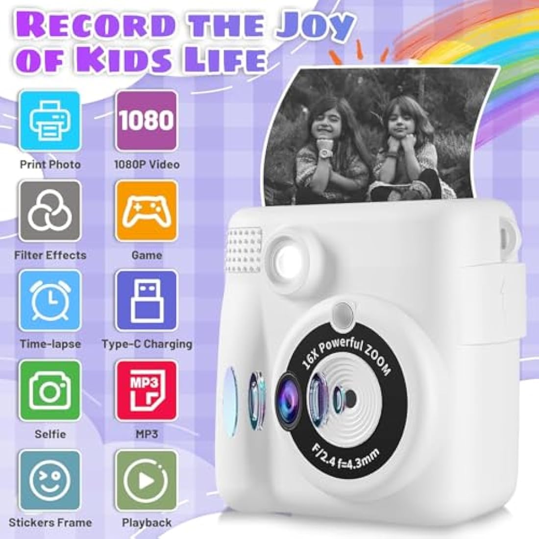 Instant Print Camera, Kids Camera Digital Camera 1080P HD Photo and Video Recording with 32G SD Card, 3 Rolls Photo Paper for Age 6-12 Boys and Girls Birthday Chirstmas Gifts (White)