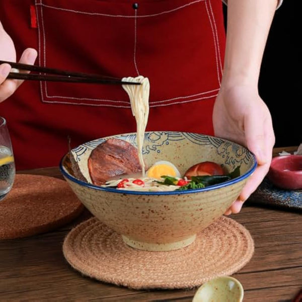 HLWDXno1 Ramen Bowl Set of 2 Ceramic Noodle Bowl with Chopsticks & Spoons 1200ml Large Soup Bowls Japanese Style Retro Porcelain Microwave Tableware Ramen Gift Set for Salad,Pho,Pasta,Udon, Fish