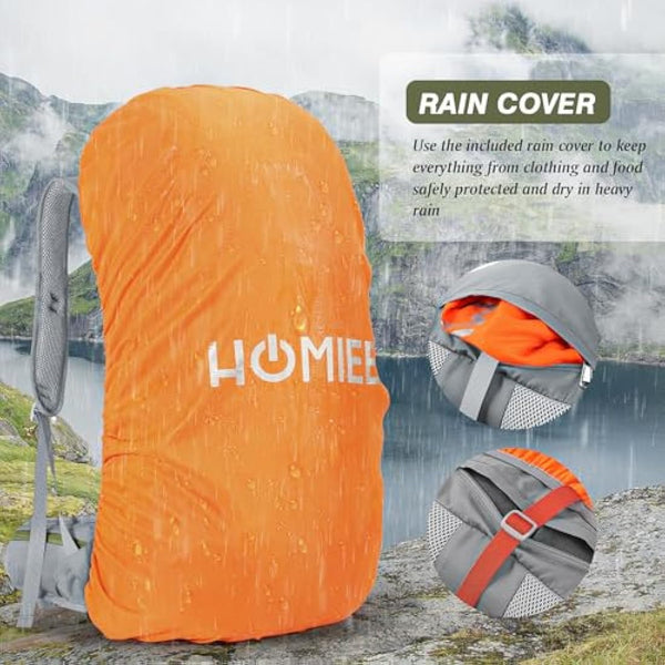 HOMIEE 50L Waterproof Hiking Backpack for Men Women, Lightweight Trekking Backpack with Rain Cover, Large Camping Rucksack for Outdoor Sports Travel Hiking Cycling Climbing Mountaineering
