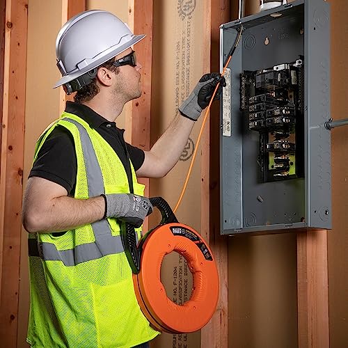 KLEIN TOOLS 56382 Fish Tape, Multi-Groove Fiberglass Wire Puller with Nylon Tip, Optimized Housing and Handle,Orange/Black, 15 m