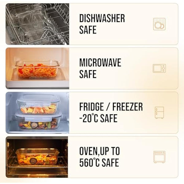 Magnificent 4-Pack Large glass food storage containers with Lids | 2500ml | 2260ml | 1520ml | 1050ml | Glass meal prep containers | Microwave, Oven, Freezer and Dishwasher Safe