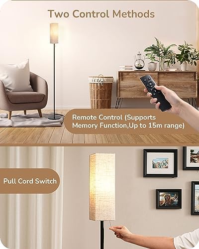 EDISHINE Floor Lamp, Standing Lamp with Square Linen Lampshade, Floor Lamps for Living Room, Bedroom, 165cm, E27 Socket(9W LED Dimmable Bulb Included), Magnetic Remote Control, Black