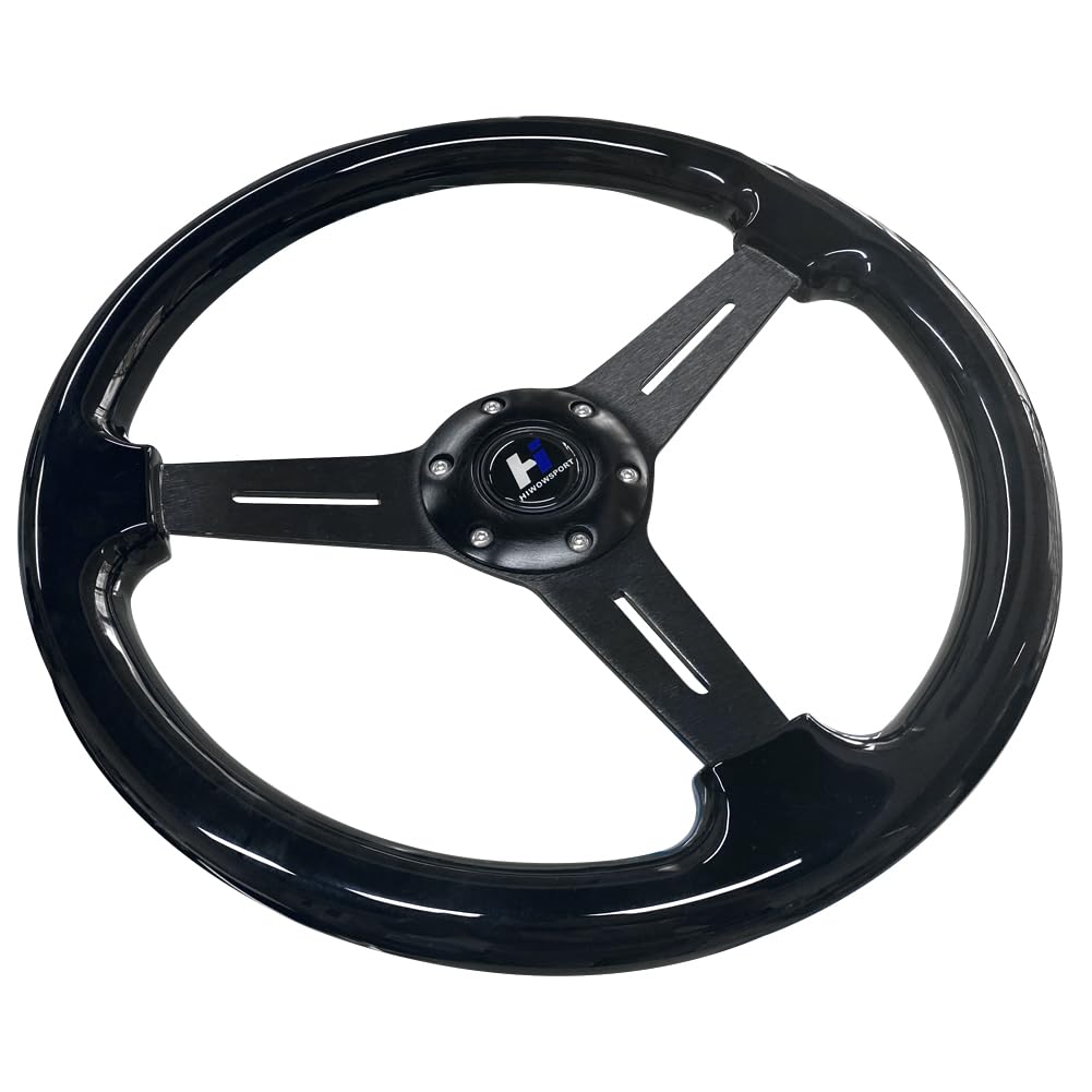 Hiracing 14" Universal Classic Wood Grain Steering Wheel Brushed 3 Spoke 1.5 Depth Steering Wheel with Horn Button 6 bolts (010)