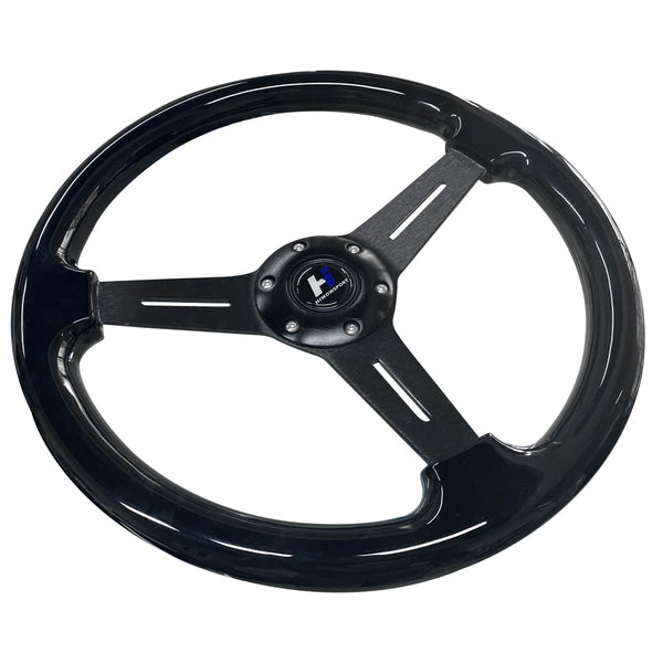 Hiracing 14" Universal Classic Wood Grain Steering Wheel Brushed 3 Spoke 1.5 Depth Steering Wheel with Horn Button 6 bolts (010)