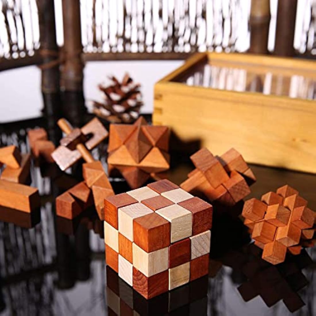 Holzsammlung Set of 6 3D Wooden Brain Teaser Puzzles, IQ Challenge Puzzle Games, Small Logic Mind Puzzle Box Toy Removing Assembling Lock Puzzle Gift Set for Adults Teenagers Kids, 1.8inch 4.5cm