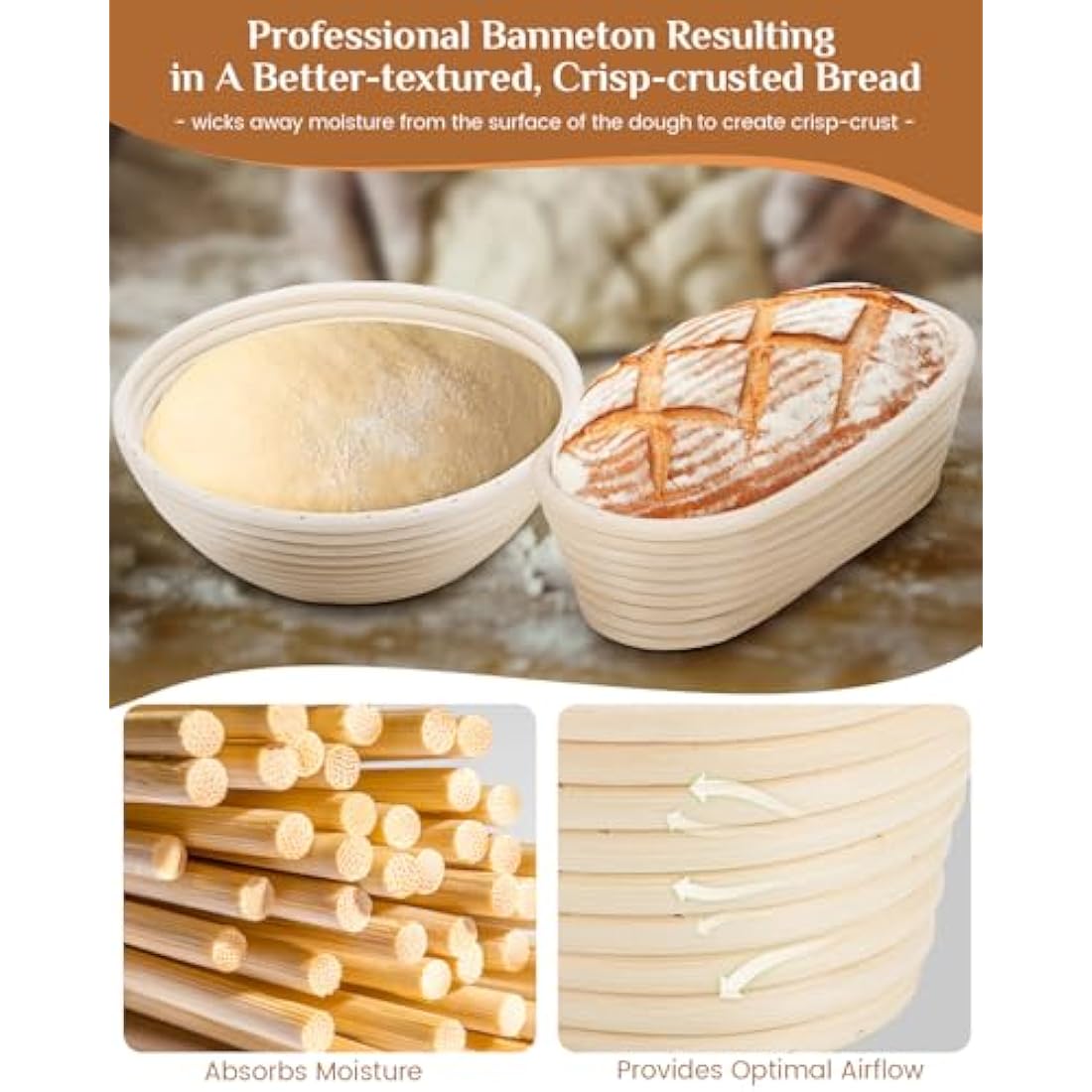 Bread Proofing Basket Set, PITCH PULSE 9 Inch Round and 10 Inch Oval Banneton Bowl with Sourdough Bread Making Tools Kit