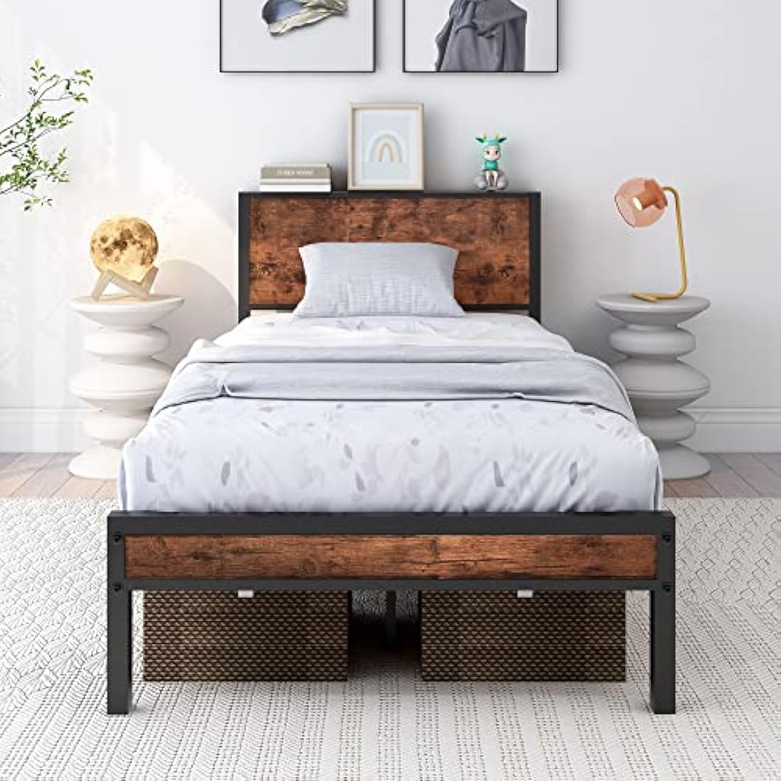 DUMEE Single Bed Frames with Wooden Storage Headboard Shelf, Heavy Duty Metal Bed Frame Single, No Box Spring Needed, Noise Free, Reinforced Strong Support Leg, Textured Black&Brown Oak