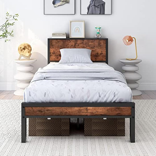 DUMEE Single Bed Frames with Wooden Storage Headboard Shelf, Heavy Duty Metal Bed Frame Single, No Box Spring Needed, Noise Free, Reinforced Strong Support Leg, Textured Black&Brown Oak