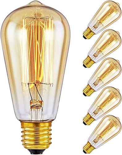 Edison Light Bulbs - Vintage Style E27 Edison Screw Bulb Squirrel Cage - Amber Warm Dimmable - ST64 60W - Pack of 6.