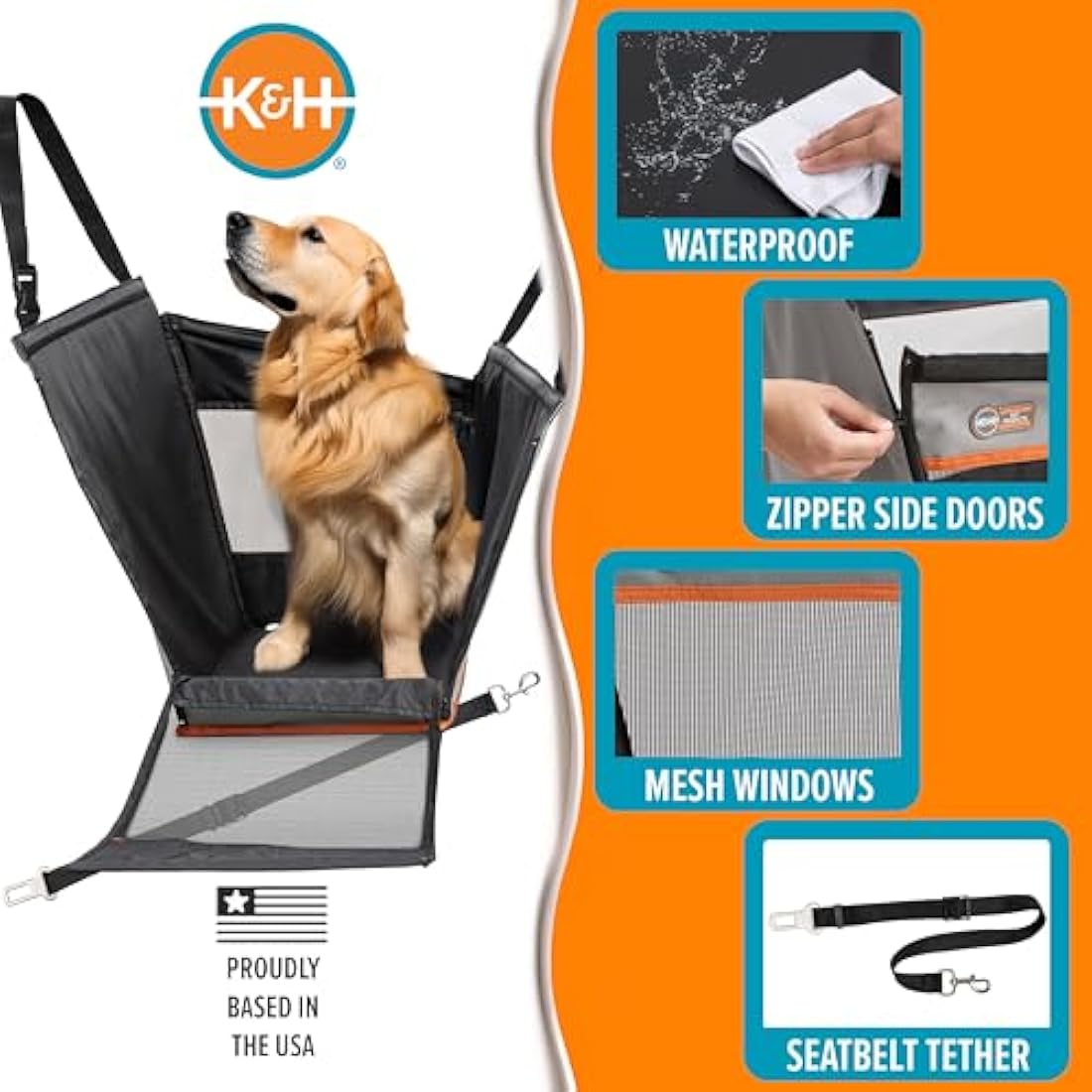 K&H Pet Products Buckle N' Go Dog Car Seat for Large Dogs, Waterproof Fabric with Breathable Mesh & Adjustable Dog Seat Belt for Car, Dog Hammock for Car, Dog Carrier Dog Car Seat Cover - Gray MD/LG