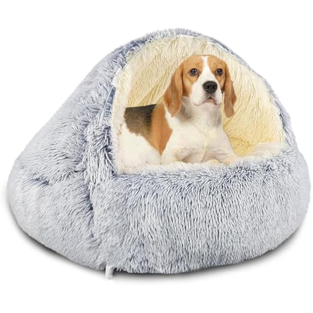 SUOXU Hooded with Supports Dog Bed,Deluxe Plush Dog Cave Bed for Medium Small Dogs, Warming Cozy Soft Faux Fur Donut Calming Anti-Anxiety Pet Bed,Removable Washable Cover and Anti Slip (Grey)