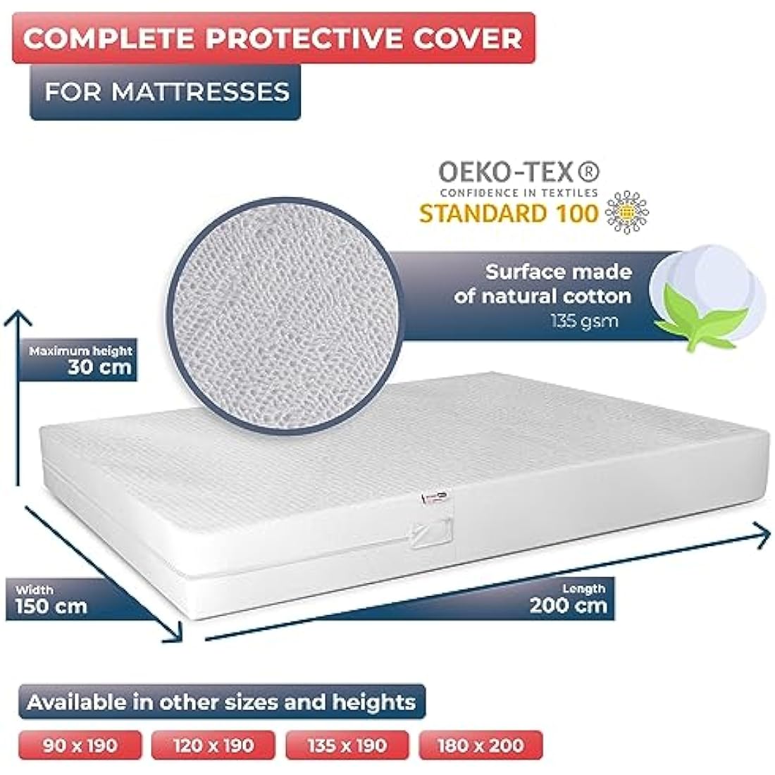 WRAPPYBAG Bed Bugs Mattress Protector - Mattress Cover - Zipped Mattress Protector - Waterproof - Cotton Surface - King Size