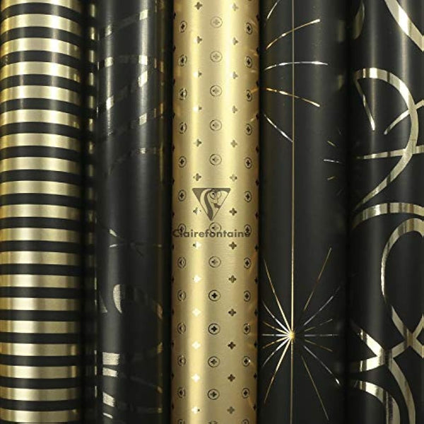 Clairefontaine 212857AMZC - A box of 10 rolls of gift wrap - Premium 80g paper - Dimensions: 2x0.70m - Pattern: Geometric, Black And Gold - Gift wrapping
