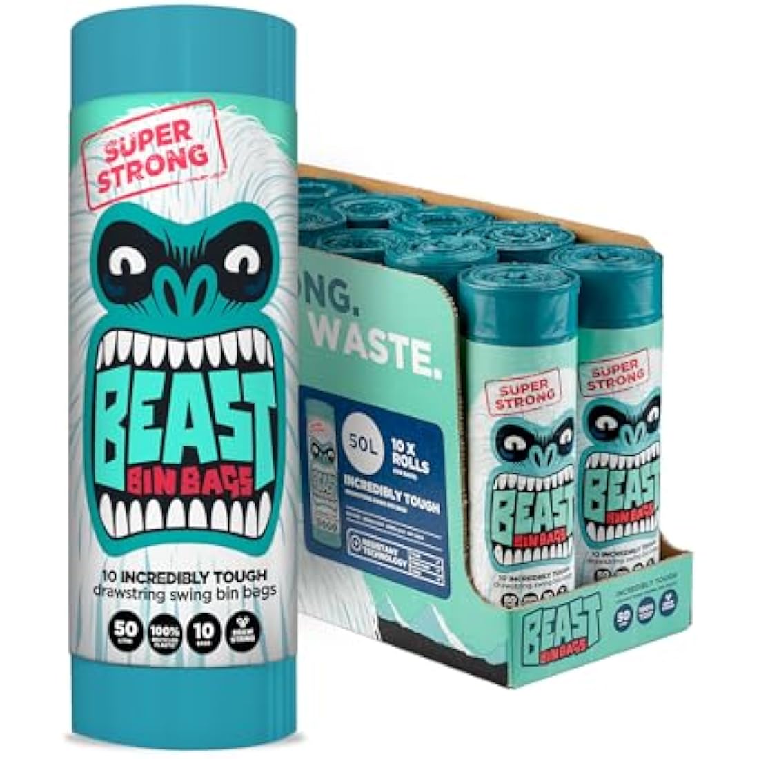 BEAST BIN BAGS, 10 Rolls of 10 x 50 Litre Bags (Total 100 Bags) - Made From 100% Recycled LLDPE - Incredibly Strong Drawstring Swing Blue Bin Bags
