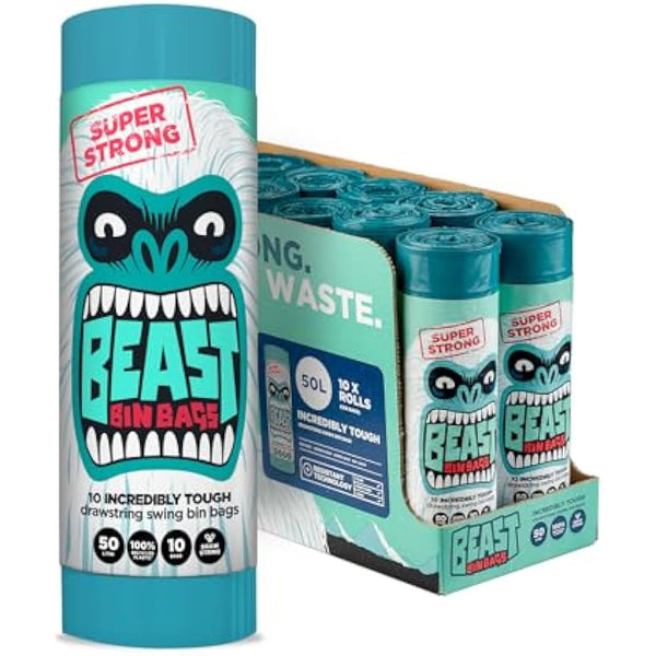 BEAST BIN BAGS, 10 Rolls of 10 x 50 Litre Bags (Total 100 Bags) - Made From 100% Recycled LLDPE - Incredibly Strong Drawstring Swing Blue Bin Bags