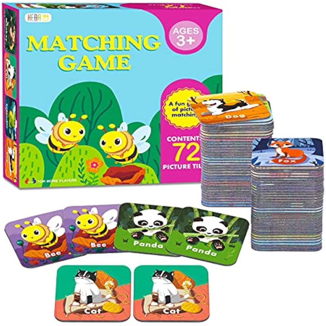 Hebayy 36 Pair Animal Matching Memory Game Flash Cards for Toddlers, Preschool, Kindergarten and Home. Erasable, Fun & Fast, Travel Friendly, Skill Building. Size 2” x 2”(5 x 5 cm)