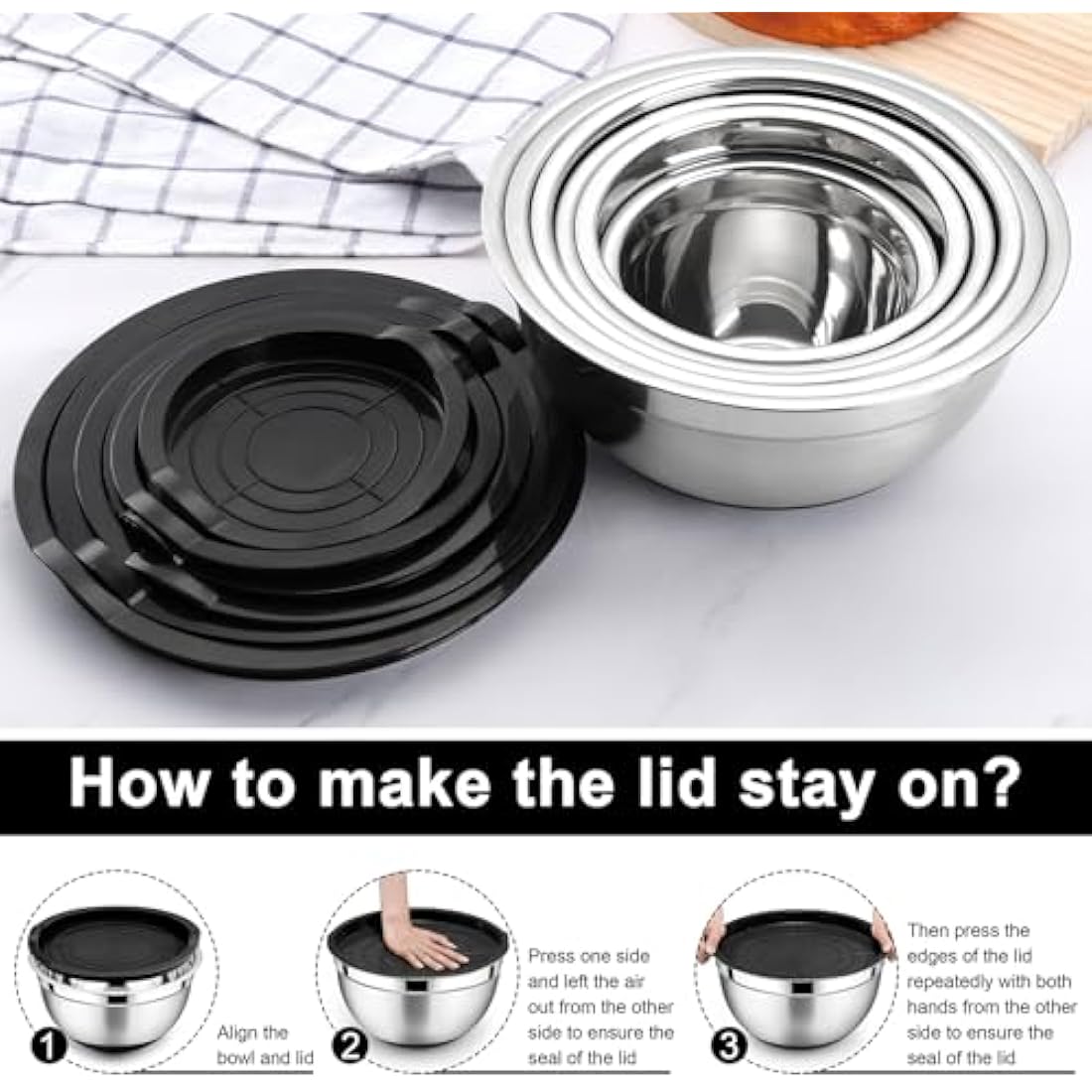 HaWare Mixing Bowl Set of 6, Stainless Steel Salad Bowl for Kitchen Baking, Serving, Space-Saving Storage Metal Nesting Bowl, Silicone Bottom & Airtight Lids, Size 4.5/3/2.5/1.5/1.2/0.7QT (Black)