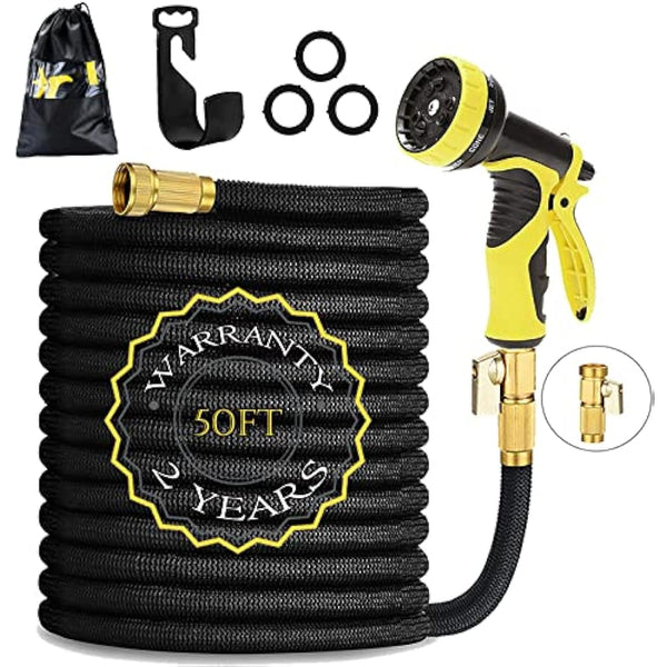 HmiL-U Garden Hose 50ft 15m Strongest Double Latex Inner Tube Prevent Leaking Magic Hosepipe with 9 Function Spray Gun+Solid Brass Fittings (Retracted Length 17ft)【2 YEARS 100% Guaranteed】(50ft)
