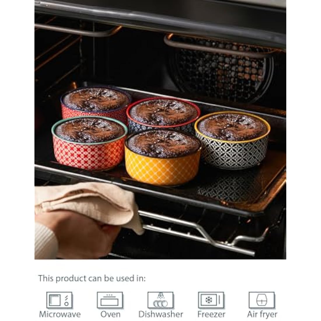 DOWAN Ramekins with Lids, 6 OZ Porcelain Ramekin Dishes for Creme Brulee Soufflé, Egg Mould, Muffin Cases, Mini Dip Bowl, Baking Bowl for Oven & Air Fryer, Vibrant Joy-Pack of 6